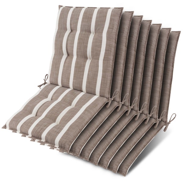 Sechser-Set Hochlehner-Auflagen für Gartenstühle mit Streifenmuster und Bindebändern.