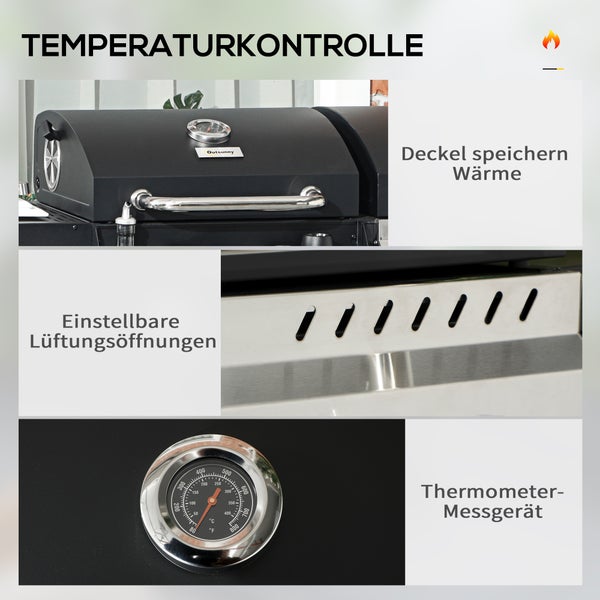 Outsunny Gasgrill mit 2+1 Brenner, 3kW BBQ Holzkohlgrill mit Regal, Grillwagen, 161L x 53B x 101H cm, Verzinkter Stahl, Edelstahl, Schwarz