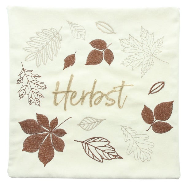 Dekokissen mit Herbstlaub-Motiv und dem Wort Herbst.