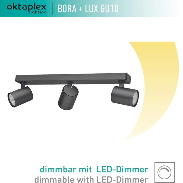 Bora Deckenstrahler inklusive stufenlos dimmbar GU10 Leuchtmittel 400lm 2700K warmweiß 5W 230V 3-flammig Spotbalken schwarz