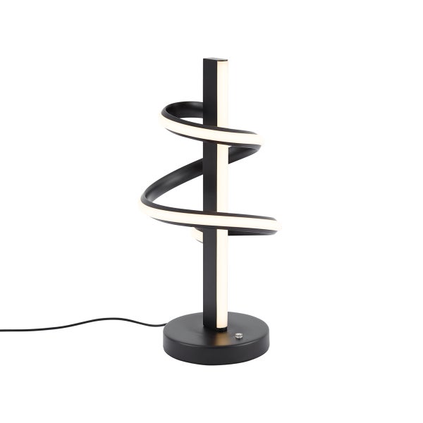 Moderne schwarze LED-Tischleuchte mit spiralförmigem Design und rundem Standfuß.