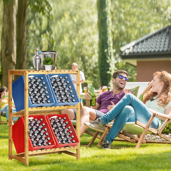 Outsunny Getränkekistenständer, Getränkekistenregal, Kistenregal mit 2 Gekippten Regalen, Flaschenkastenregal für 4 Getränkekisten, Natur, 74 x 45 x 111 cm
