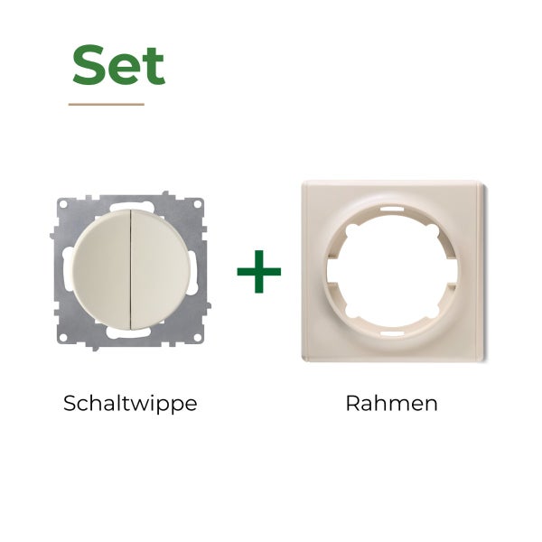 Set bestehend aus einer Schaltwippe und einem Rahmen für einen Lichtschalter.