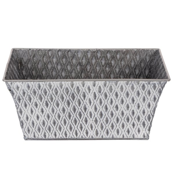 Rechteckiger Pflanzkasten aus Metall mit Rautenmuster und Antik-Finish.
