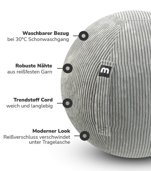 mokebo Stoff Sitzball Büro ergonomisch 'Der Sportliche', Sitzball mit Pumpe oder Pezziball mit Cordbezug in Grau