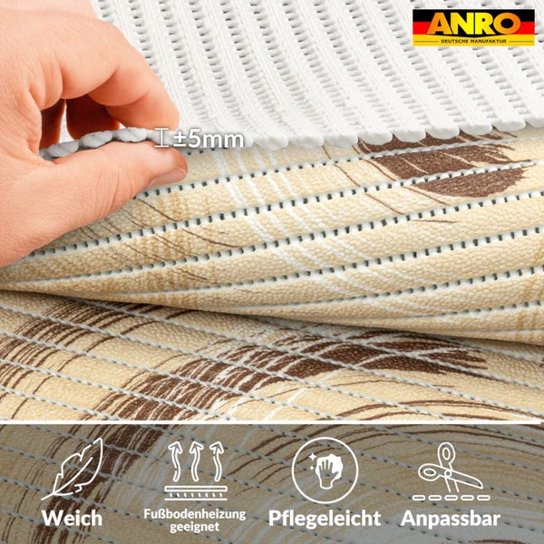 Weichschaummatte mit Blattmuster, circa 5 Millimeter dick, rutschhemmend, für Fußbodenheizung geeignet, pflegeleicht und zuschneidbar. Anro Logo.