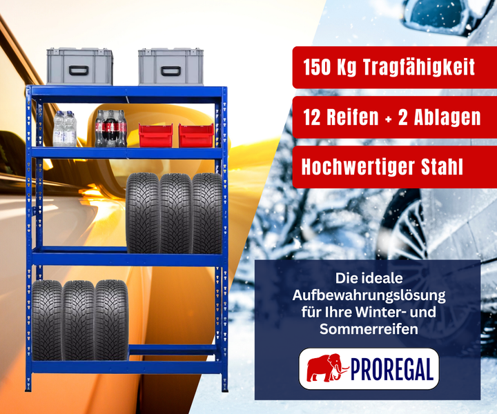PROREGAL Reifenregal aus Stahl mit 150 Kilogramm Tragfähigkeit für 12 Reifen und 2 Ablagen. PROREGAL Logo.