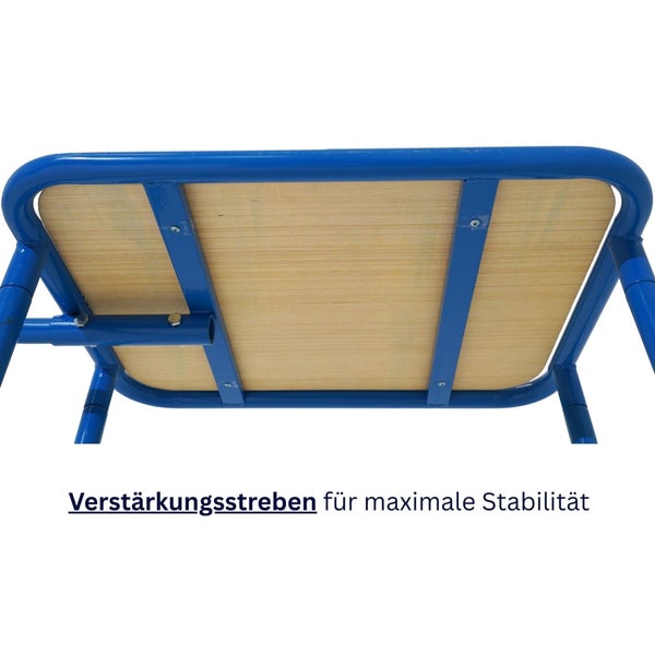 Detailansicht der Unterseite eines Rollwagens mit Verstärkungsstreben aus Metall unter einer Holzplatte für maximale Stabilität.