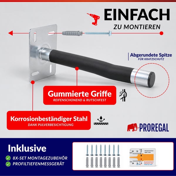 Wandhalterung für Reifen aus korrosionsbeständigem Stahl mit gummierter Auflage, inklusive 8 Schrauben, 8 Dübeln und einem Profiltiefenmessgerät.