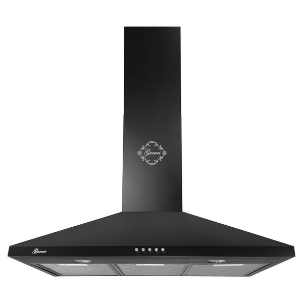 Schwarze Gurari Dunstabzugshaube im Pyramidendesign mit Kamin und frontalen Bedienelementen.