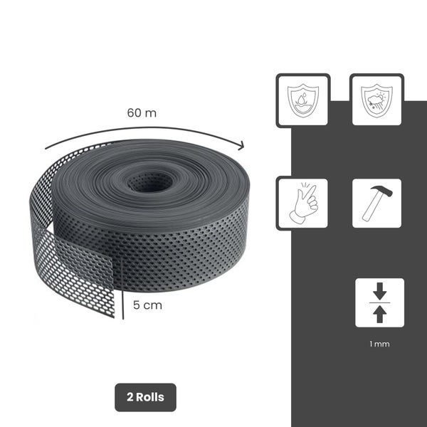 Zwei Rollen Lochband, 60 Meter lang, 5 Zentimeter breit, 1 Millimeter stark. Wasser- und witterungsbeständig, einfache Montage mit Werkzeug.