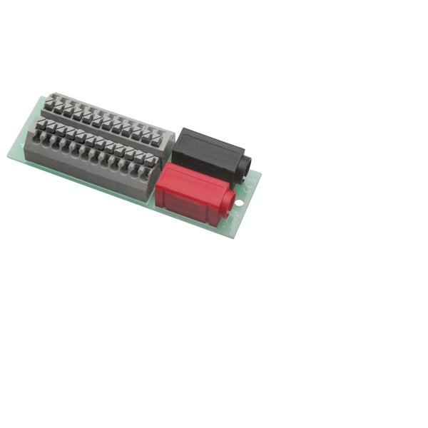 Elektronische Leiterplatte mit Klemmleisten und zwei Audio Buchsen für Anschlussanwendungen.