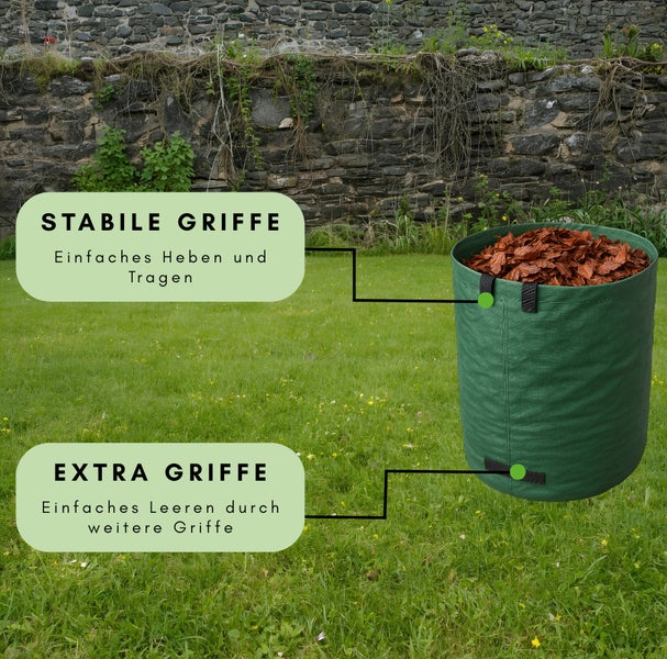Grüner Gartenabfallsack mit Laub gefüllt, stabile Griffe zum Heben und Tragen sowie extra Griffe unten zum einfachen Entleeren auf Rasenfläche.