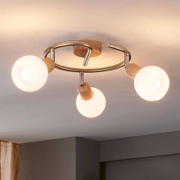 Lindby Deckenlampe Glas, Metall in Holzoptik Deckenstrahler drehbar und schwenkbar 3x E14 max. 40W ohne Leuchtmittel Deckenleuchte Spot Strahler