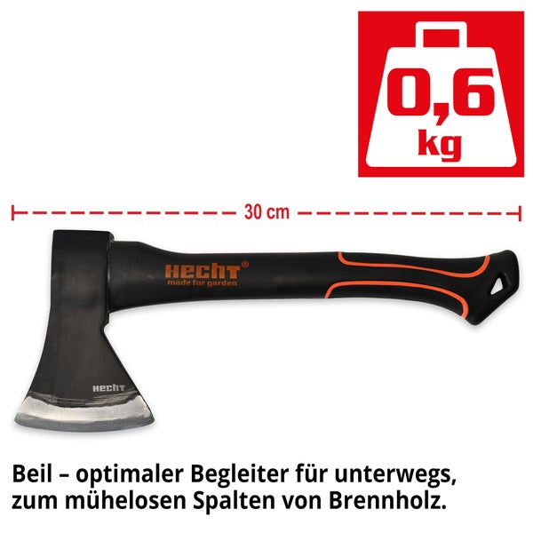 Hecht Logo. Axt mit einer Länge von 30 cm und einem Gewicht von 0,6 kg.