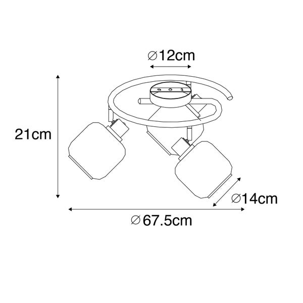 Technische Zeichnung einer Deckenleuchte mit drei Strahlern und Maßangaben.