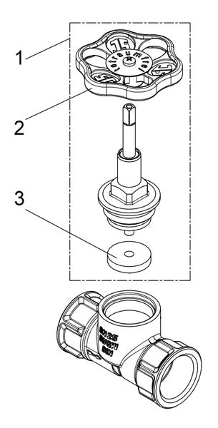 Explosionszeichnung einer Ventil-Armatur mit Handrad, Spindel, Dichtung und DN 25 Ventilgehäuse.