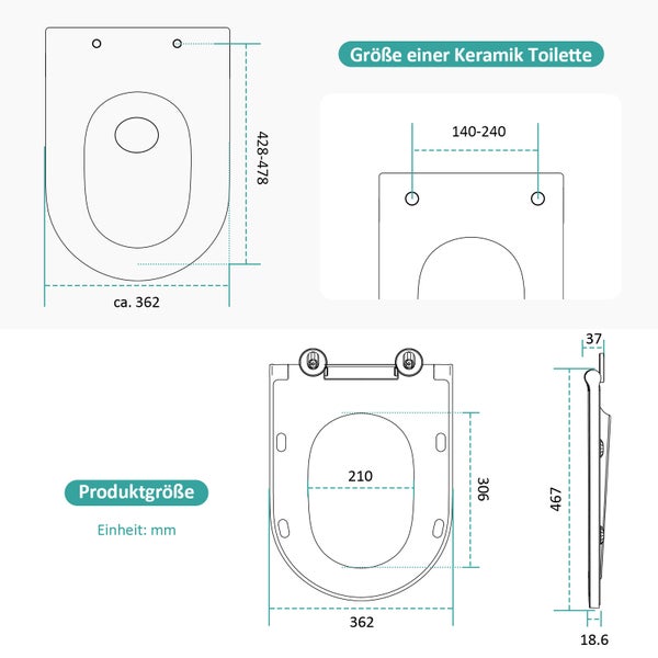 EMKE WC-Sitze mit Absenkautomatik, Toilettendeckel D Form Klodeckel mit Absenkautomatik, Toilettensitz Klobrille mit absenkautomatik Abnehmbar WC Deckel Toilettenbrille,Weiß, belastbar bis 150kg