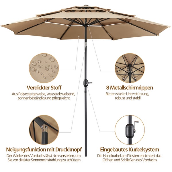 Beigefarbener Sonnenschirm mit Kurbelmechanismus, Neigungsfunktion und acht Metallrippen
