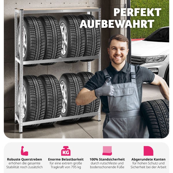 Reifenregal tectake  120 x 40 x 180 cm für 8 Reifen grau