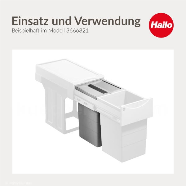 Abfalltrennsystem für Küchenschränke mit Auszug und mehreren Behältern. Hailo Logo.