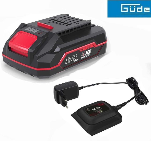 Güde 18 Volt Akku mit 2,0 Amperestunden und Ladegerät. Güde Logo.