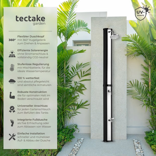Tectake Gartendusche mit flexiblem Duschkopf, Solarenergie, stufenloser Regulierung, Fußdusche und UV-Schutz.