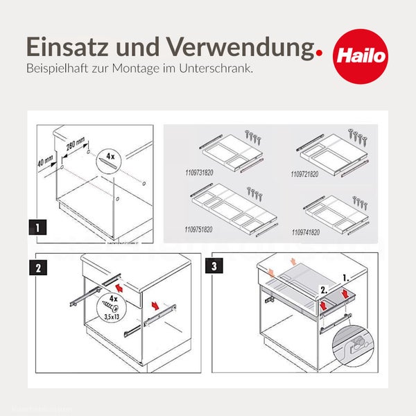 Montageanleitung für Hailo Küchenschrank-Einsatz im Unterschrank mit Schritten für die Schienenmontage und das Einsetzen. Hailo Logo.