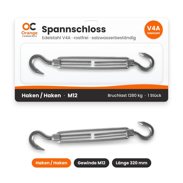 Orange Commerce Spannschloss aus Edelstahl V4A Haken Haken M12 320 Millimeter