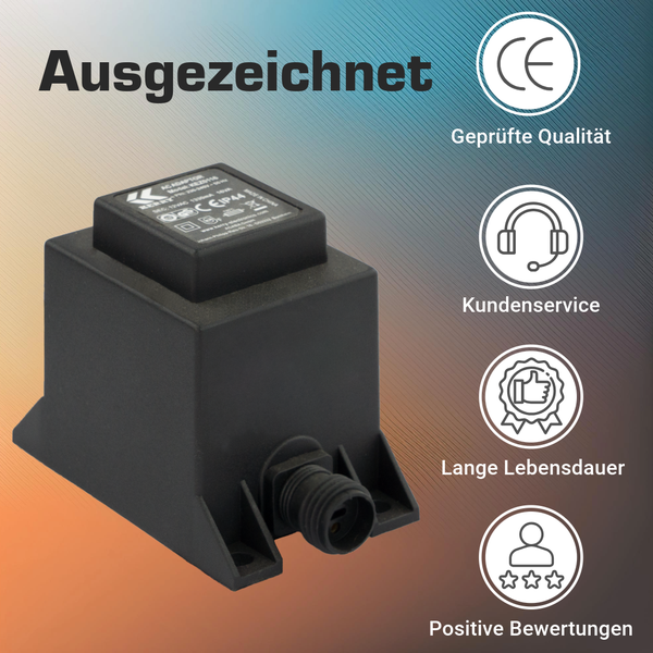 Netzadapter Transformator mit Symbolen für geprüfte Qualität, Kundenservice, lange Lebensdauer und positive Bewertungen.