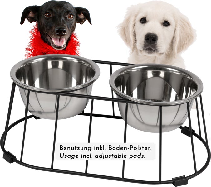 WONDERMAKE - Design Hundenapf erhöht für mittelgroße / große Hunde mit Ständer, Futternapf Hund Futterstation rutschfest aus Edelstahl, Fressnapf 2er Set 2 Näpfe doppelt, silber schwarz