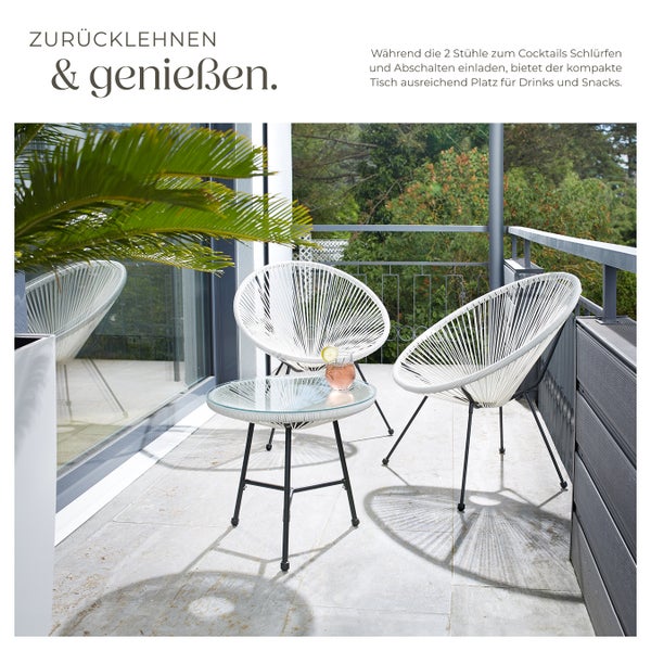 2 Gartenstühle Santana mit Tisch tectake  Belastbarkeit Stuhl 120 kg Retro-Design im Acapulco-Stil weiß