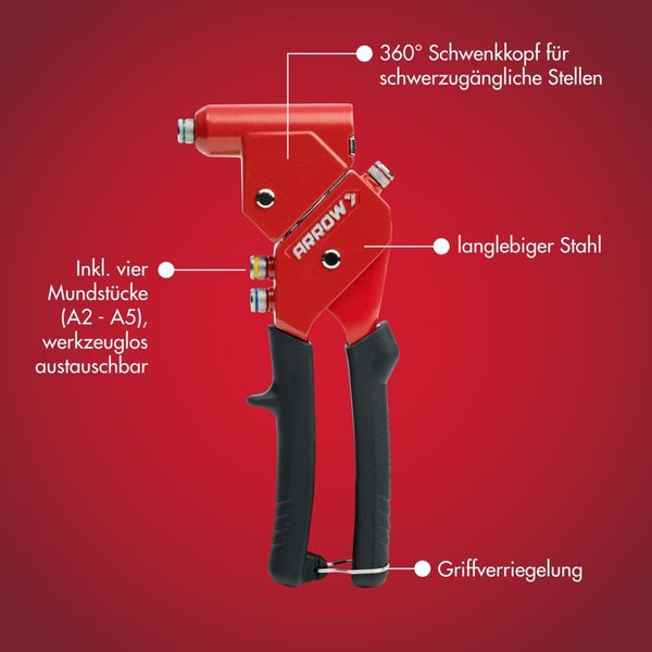 Handnietzange von Arrow mit 360 Grad Schwenkkopf, vier werkzeuglos austauschbaren Mundstücken, aus langlebigem Stahl und mit Griffverriegelung.