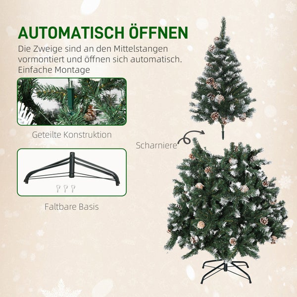 Künstlicher Weihnachtsbaum mit automatischem Klappsystem, geteilter Konstruktion, beschneiten Zweigen, Tannenzapfen und faltbarem Metallständer.