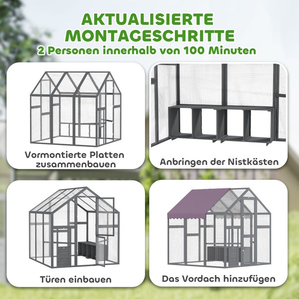 PawHut Hühnerstall Freilaufgehege 1,7x1,8x1,8 m Freigehege mit Schloss Tannenholz Hühnerhaus mit Wasserdichtem, Anti-UV Dach Outdoor Geflügelstall für Hühnerkäfig, 6-8 Hühner, Enten, Kaninchen, Grau