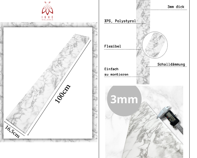 IKHE MALARKA Wandpaneel in Marmor-Optik aus Polystyrol, 100 mal 16,5 Zentimeter, 3 Millimeter dick, flexibel und schalldämmend.