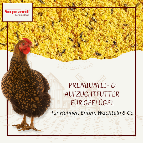 Supravit Logo mit Huhn und Gefluegelfutter fuer Huehner, Enten und Wachteln.