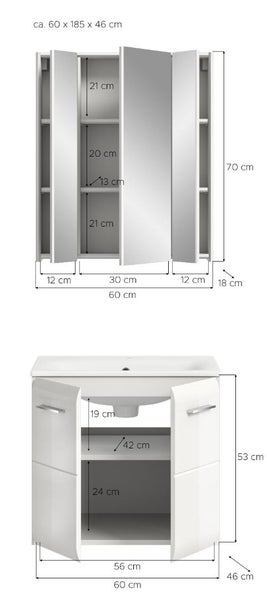Badezimmer-Set mit Spiegelschrank und Waschbeckenunterschrank. Breite 60 Zentimeter, Höhe circa 185 Zentimeter, Tiefe 46 Zentimeter.