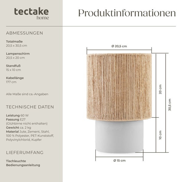 Tischleuchte mit Juteschirm und Betonsockel inklusive technischer Zeichnung und Bemaßung von Tectake Home.