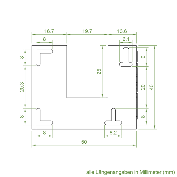 Technische Zeichnung eines U-förmigen Befestigungsteils mit Bemaßungen in Millimeter.