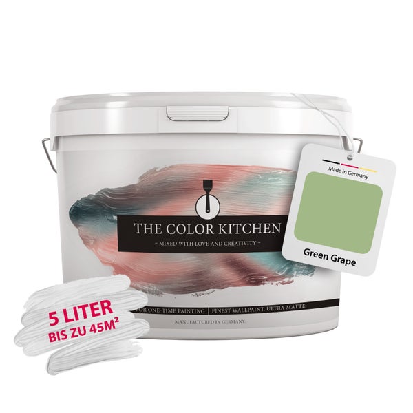 The Color Kitchen Wandfarbe Green Grape ultra matt 5 Liter für bis zu 45 Quadratmeter hergestellt in Deutschland.