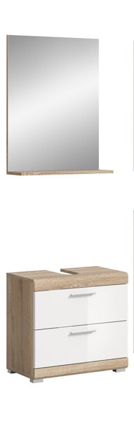 Badmöbel-Set bestehend aus einem Wandspiegel mit Ablage in Eichenoptik und einem Waschbeckenunterschrank mit zwei weißen Schubladen.