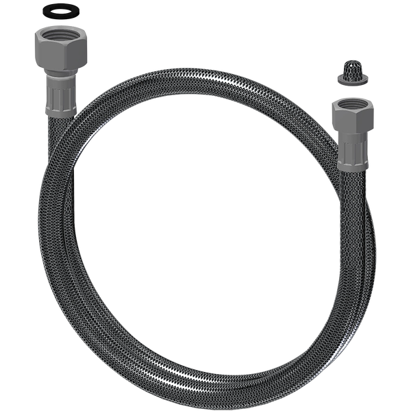 Flexibler Anschlussschlauch aus Edelstahlgeflecht mit Sechskant-Überwurfmuttern, inklusive Dichtung und Schmutzsieb.