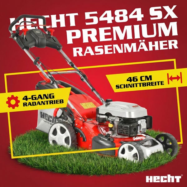 Hecht 5484 SX Premium Benzin-Rasenmäher mit 46 Zentimeter Schnittbreite und 4-Gang Radantrieb. Hecht Logo.