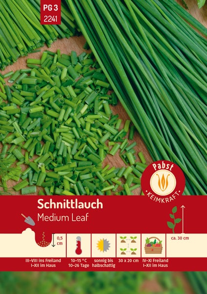 Samentüte für Schnittlauch Medium Leaf mit Pabst Keimkraft Logo sowie Hinweisen zur Aussaattiefe, Keimtemperatur, Standort und Wuchshöhe.