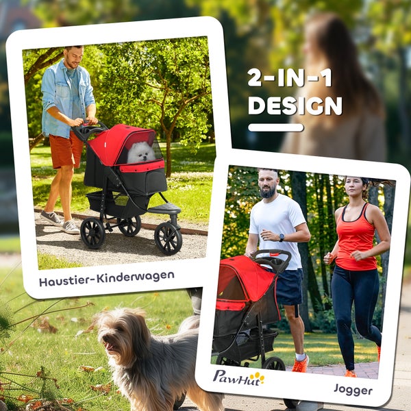 Rot-schwarzer PawHut 2 in 1 Haustierwagen, dargestellt als Buggy zum Spazierengehen und als Jogger zum Laufen in einem Park, PawHut Logo.