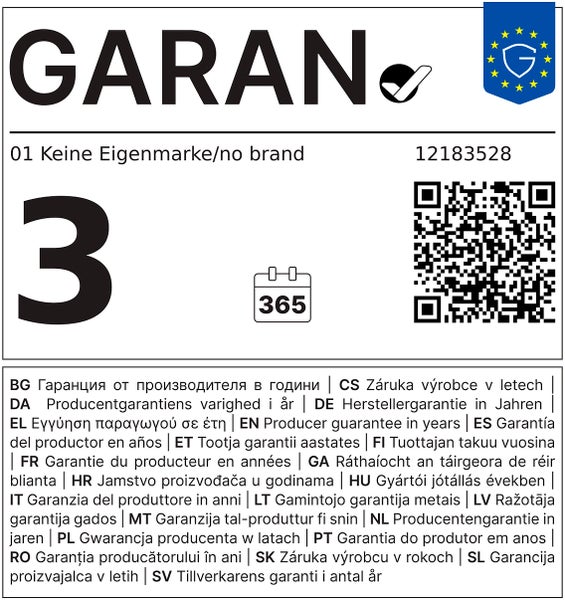 Informationstafel zur dreijährigen Herstellergarantie mit QR Code und Kalendersymbol.