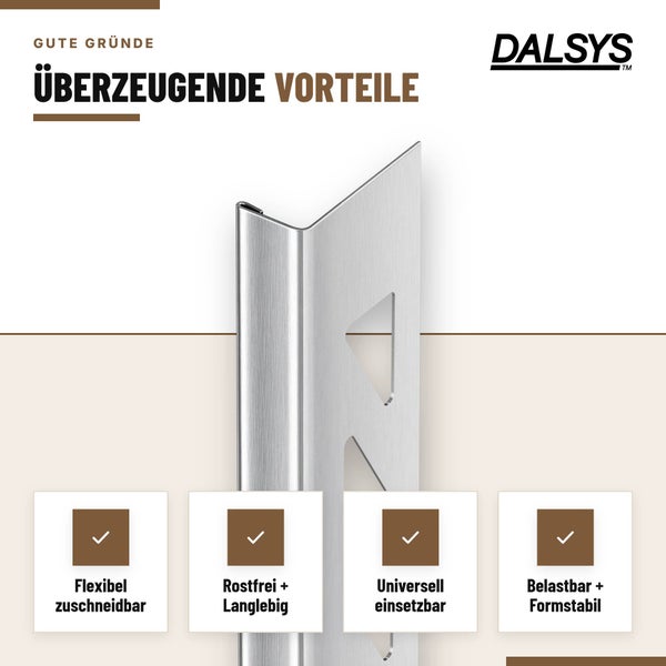 Dalsys Fliesenschiene aus Metall mit Informationen zu den Vorteilen wie rostfrei und formstabil.