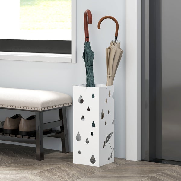 HOMCOM Regenschirmständer Schirmständer mit 4 Haken, Wasserauffangschale Regenschirmhalter für Flur, Regenschirme & Gehstöcke Stahl 15,5 x 15,5 x 40 cm Weiß