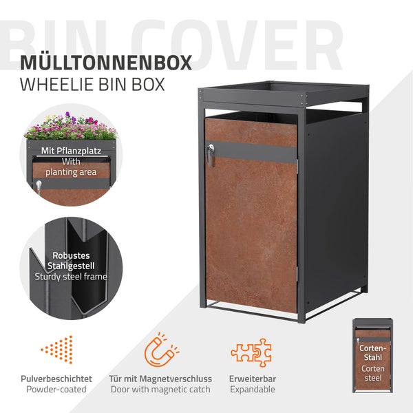 Mülltonnenbox aus Corten-Stahl und pulverbeschichtetem Stahlgestell mit Pflanzdach, Magnetverschluss an der Tür und erweiterbarem System.